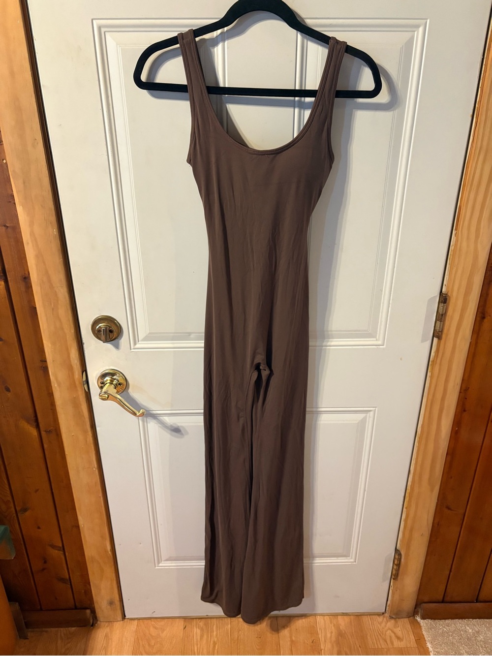Brown SKIMS-Style Open Back Ruched Wide Leg Jumpsuit Size Small